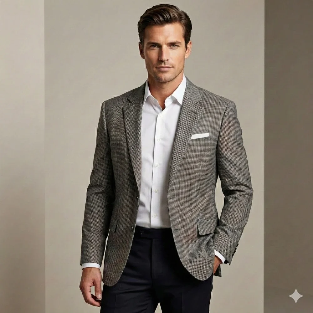 JOS‎ A BANK Mens 46R GORDON Sport Coat Blazer 100% Wool Houndstooth Gray Career
